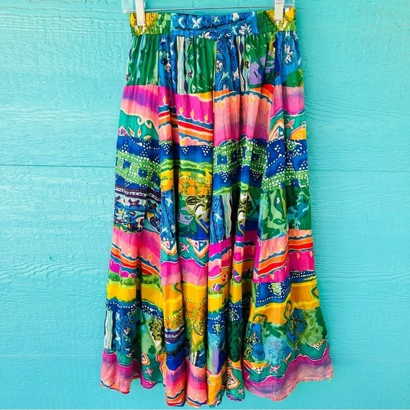 100% SILK PATCHWORK TIERED MAXI SKIRT ELASTIC WAISTBAND SIZE MEDIUM - Picture 7 of 8